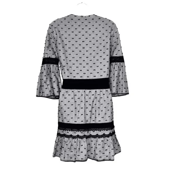 A5 NEW KOBI HALPERIN Gray & White Pinstripe Black Dots Bell Sleeve Dress Size XS - Picture 4 of 6